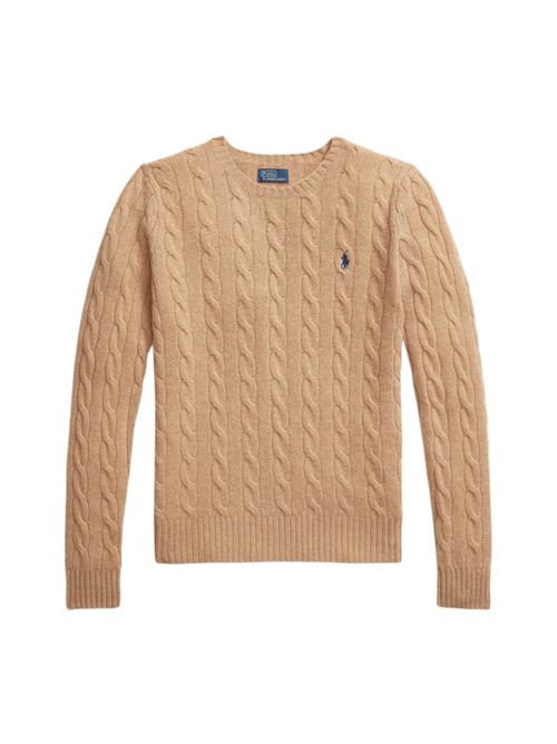 Maglia da donna in lana misto cashmere con lavoraziobìne a trecce, girocollo, colore camel POLO RALPH LAUREN | 211971865002